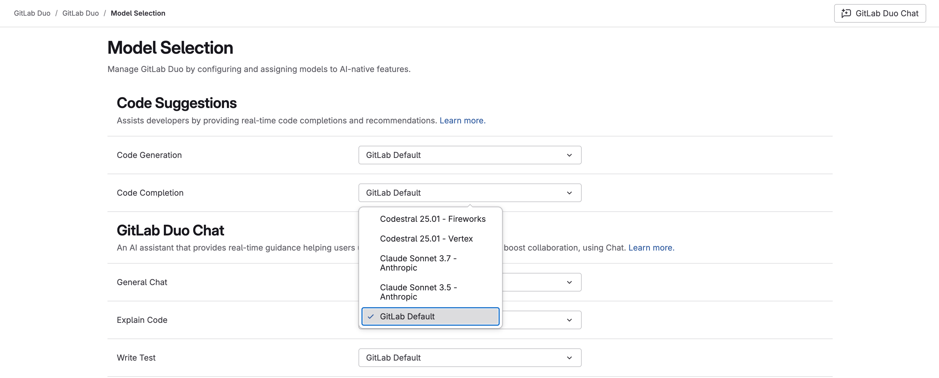 The GitLab UI for selecting a model at the top-group level.